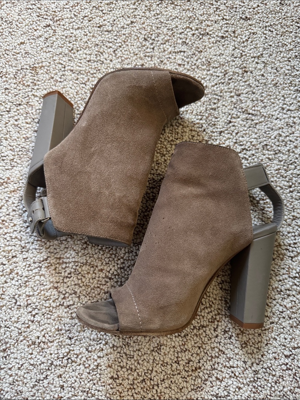 Vince Taupe Suede Open-Toe Ankle Booties